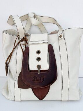 Authentic D&G Dolce Gabbana White Leather Tote Bag Y2K